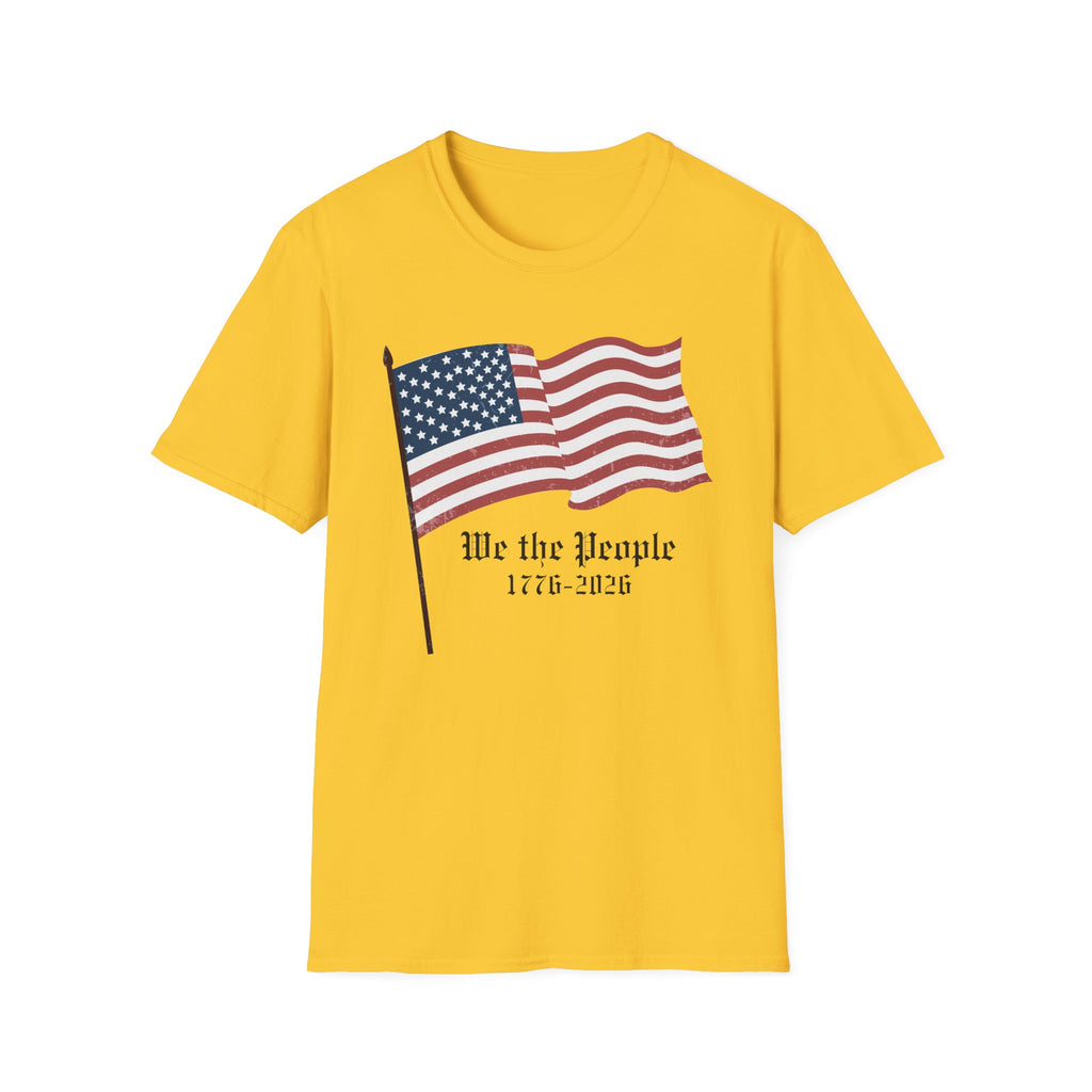 We the People 1776 2026 Waving Flag T-Shirt, Classic Patriotic Flagpole Anniversary Tee, Traditional American Flag 250th Shirt, Gothic Script Constitution