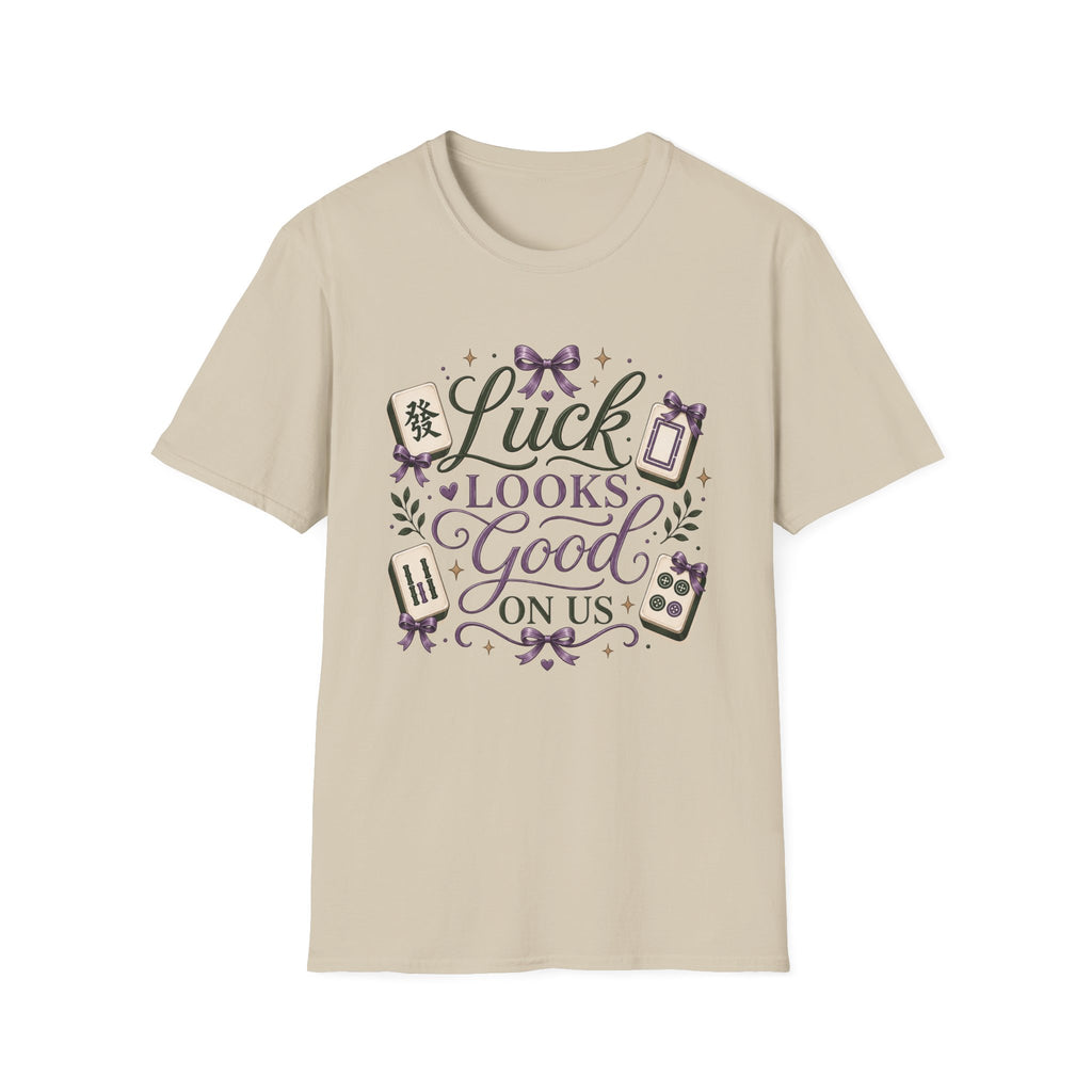 T-Shirt — "Luck Looks Good On Us" Graphic Tee (Mahjong & Charm Design)