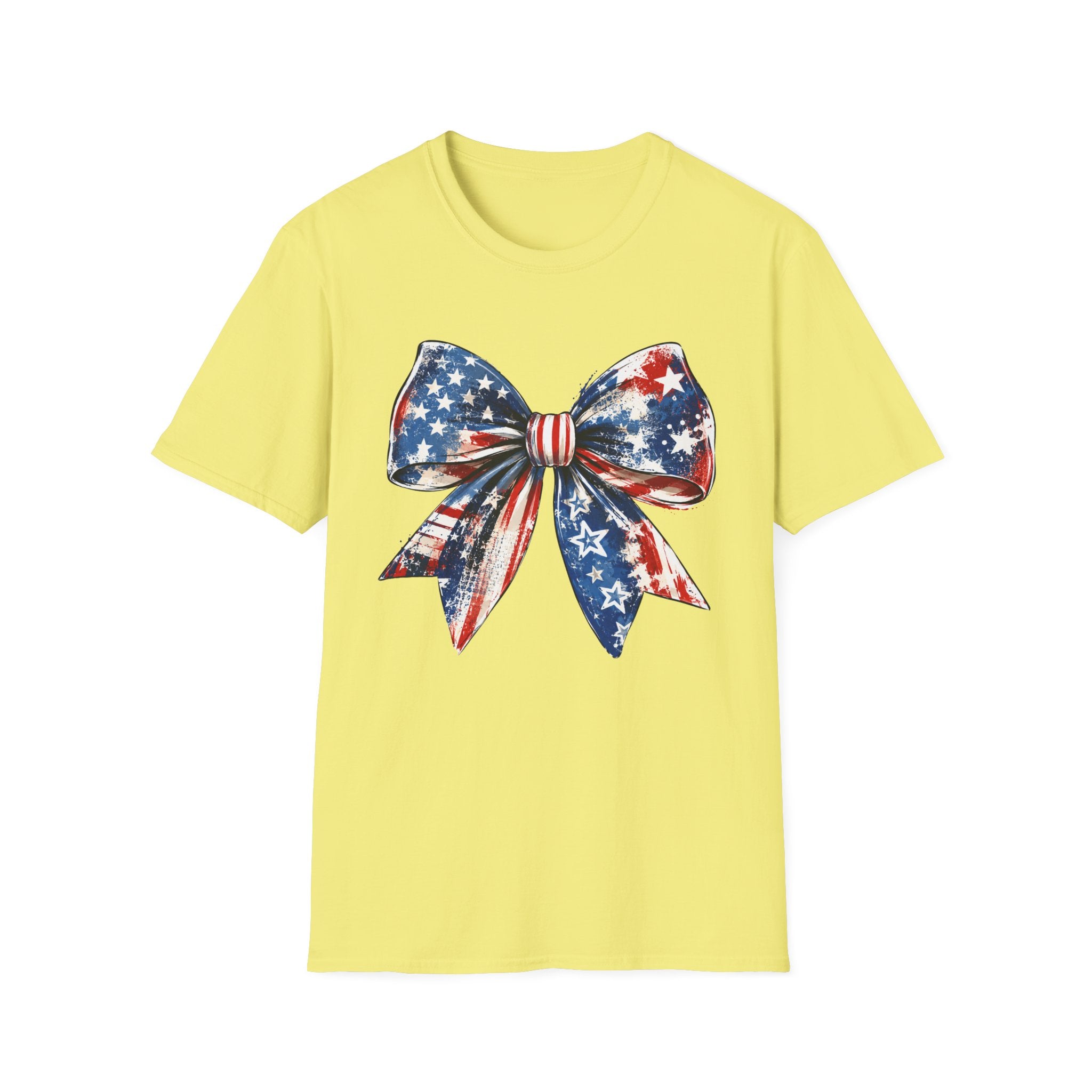 Distressed Watercolor Patriotic Bow T-Shirt, Vintage Grunge American Flag Bow Tee, Worn Texture Coquette 4th of July Shirt, Brushstroke Stars Stripes Bow Gift