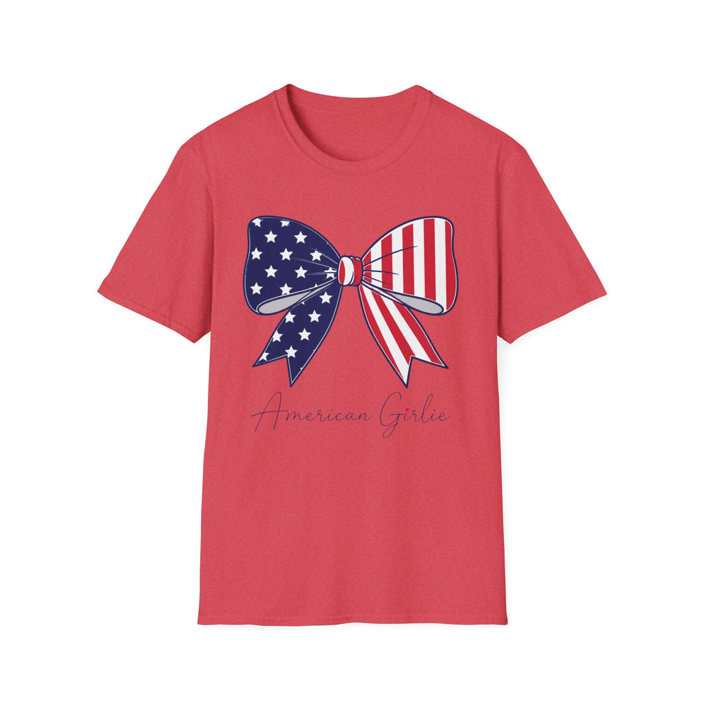 American Girl T-Shirt, Coquette Patriotic Flag Bow Tee, 4th of July Shirt, USA Stars Stripes Bow Script Gift, Cute Independence Day Tee