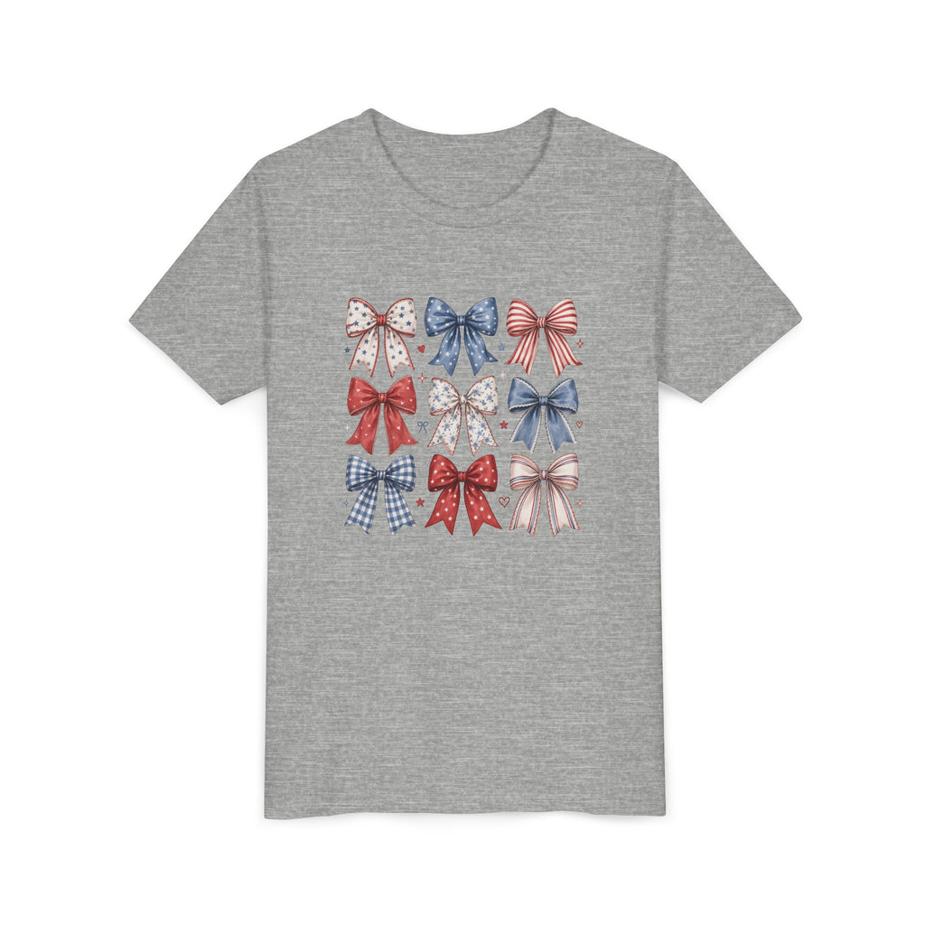 Patriotic Bow Grid Tee, Red Blue Checkered Ribbon Shirt, Cute USA Graphic Top, Fourth of July Celebration Outfit Youth Short Sleeve Tee