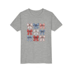 Patriotic Bow Grid Tee, Red Blue Checkered Ribbon Shirt, Cute USA Graphic Top, Fourth of July Celebration Outfit Youth Short Sleeve Tee