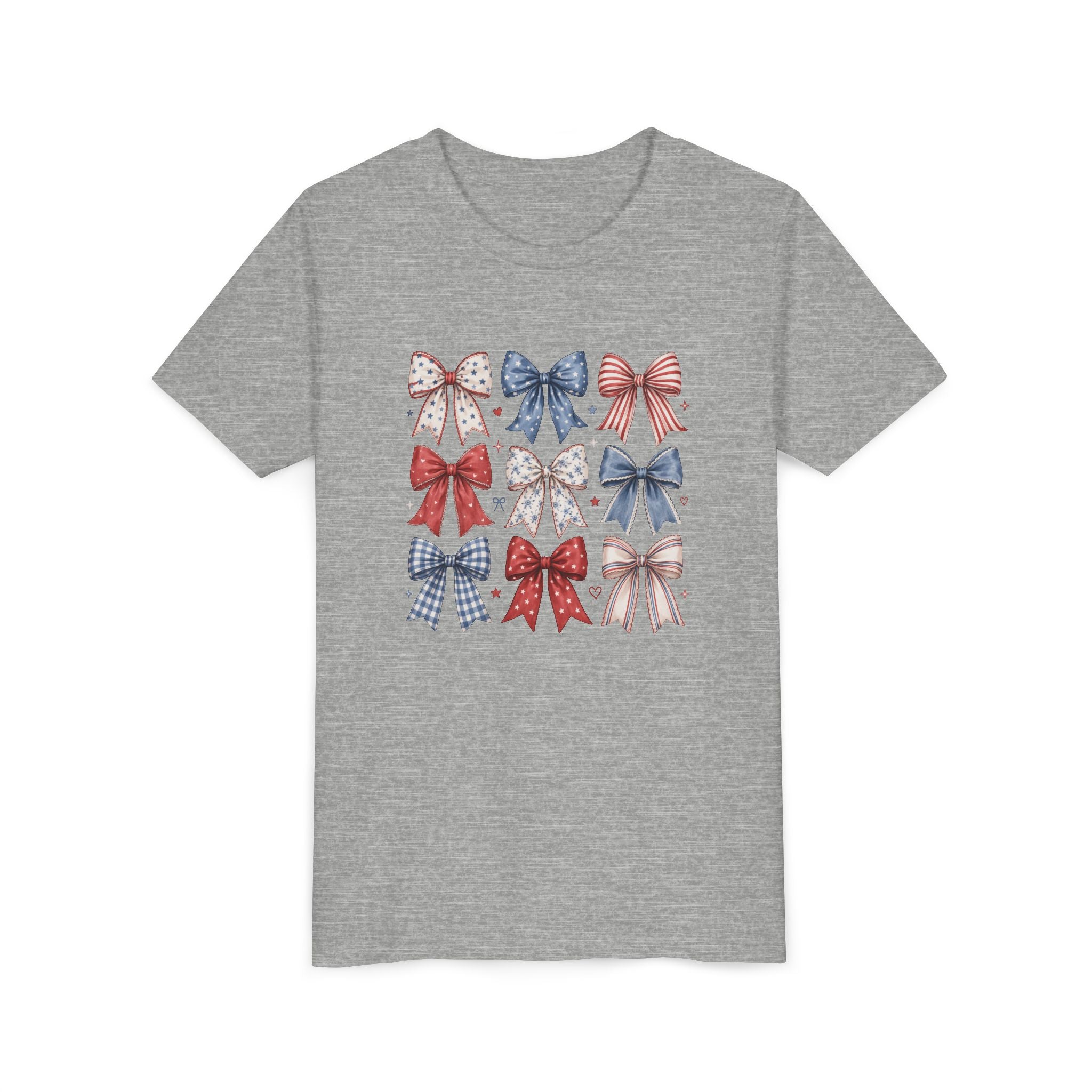 Patriotic Bow Grid Tee, Red Blue Checkered Ribbon Shirt, Cute USA Graphic Top, Fourth of July Celebration Outfit Youth Short Sleeve Tee