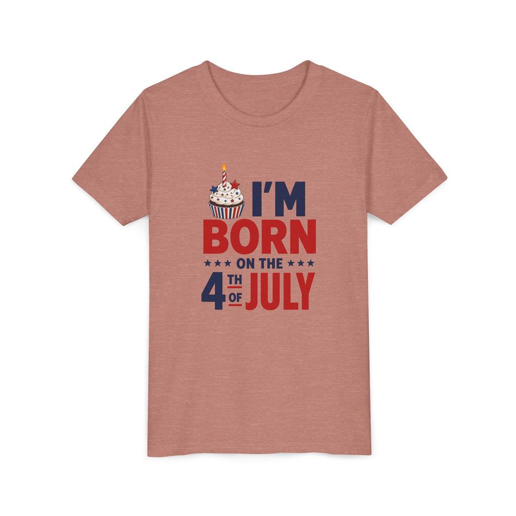 Born on the 4th of July Tee, Patriotic Birthday USA Shirt, Red White Blue Cupcake Graphic Top, Independence Day Celebration Outfit Youth Short Sleeve Tee