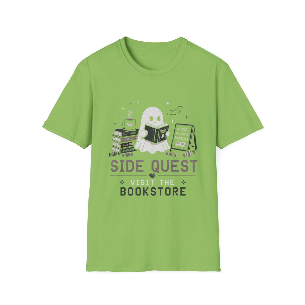 Ghost Reader T-Shirt — "Side Quest: Visit the Bookstore" Cute Halloween Book Lover Tee
