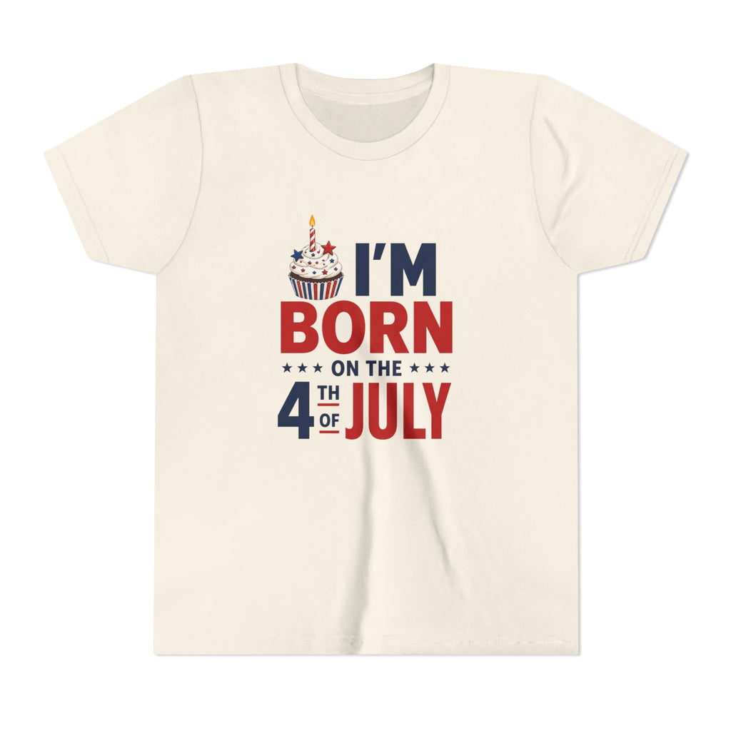 Born on the 4th of July Tee, Patriotic Birthday USA Shirt, Red White Blue Cupcake Graphic Top, Independence Day Celebration Outfit Youth Short Sleeve Tee