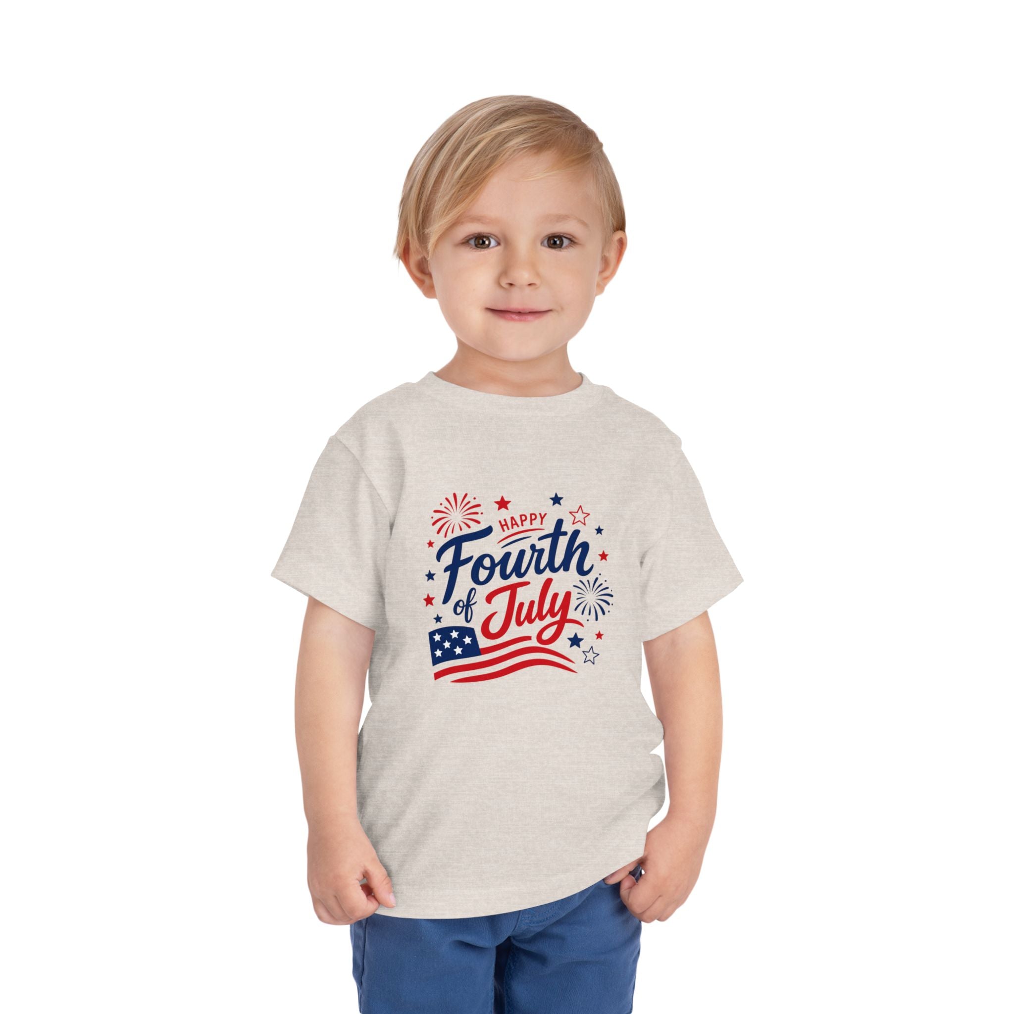 Happy Fourth of July Patriotic T-Shirt, Americana Fireworks Graphic Tee, Retro Independence Day Shirt, Summer Celebration Apparel, Red White Blue Outfit Toddler Short Sleeve Tee