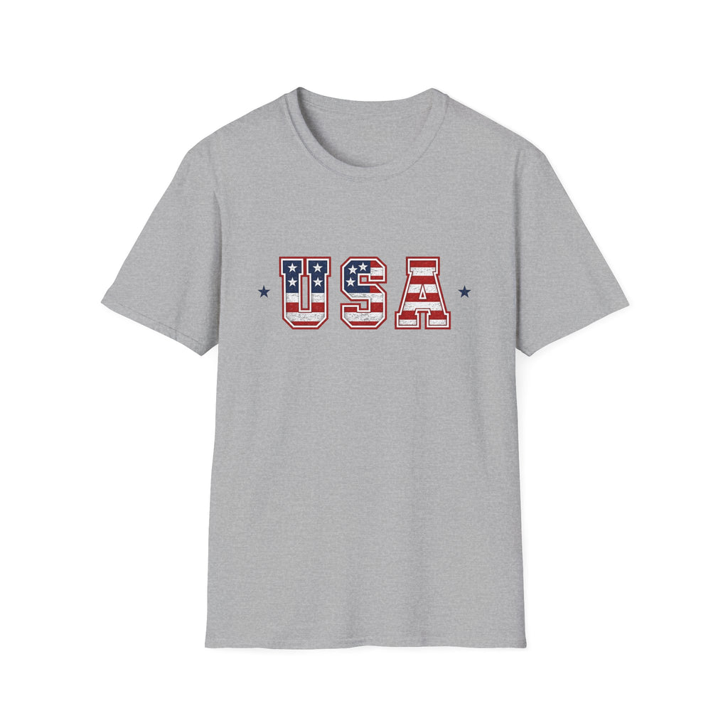 USA Varsity Lettering T-Shirt | Patriotic American Flag Block Graphic Tee, Fourth Of July Stars Stripes Top