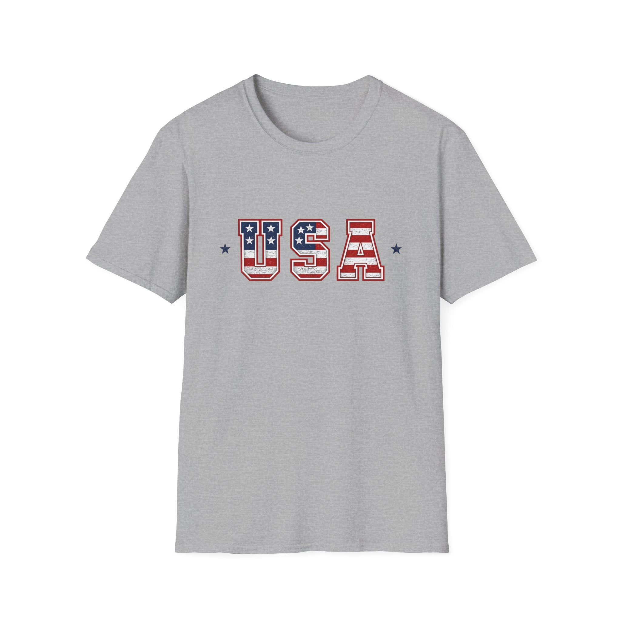USA Varsity Lettering T-Shirt | Patriotic American Flag Block Graphic Tee, Fourth Of July Stars Stripes Top