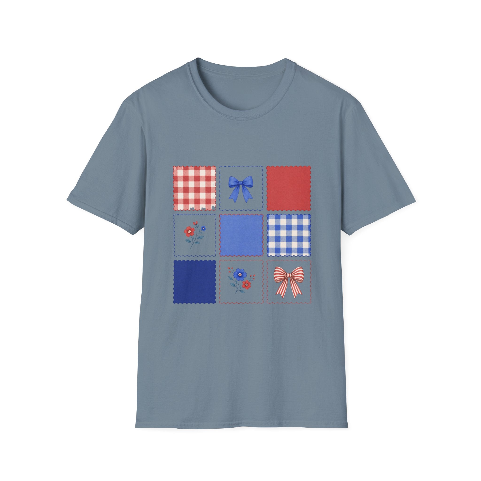 Patriotic Quilt Patch T-Shirt, Coquette Bow Gingham Nine Patch Tee, Cottagecore 4th of July Grid Shirt, Red Blue Floral Folk Quilt Square