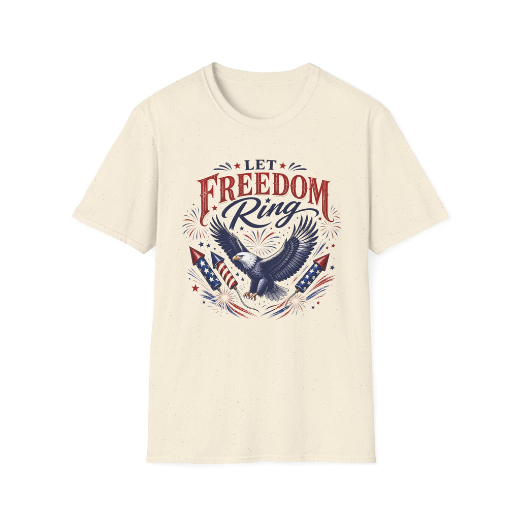 Let Freedom Ring T-Shirt | Patriotic American Bald Eagle Graphic Tee, Fourth Of July Retro Fireworks Top