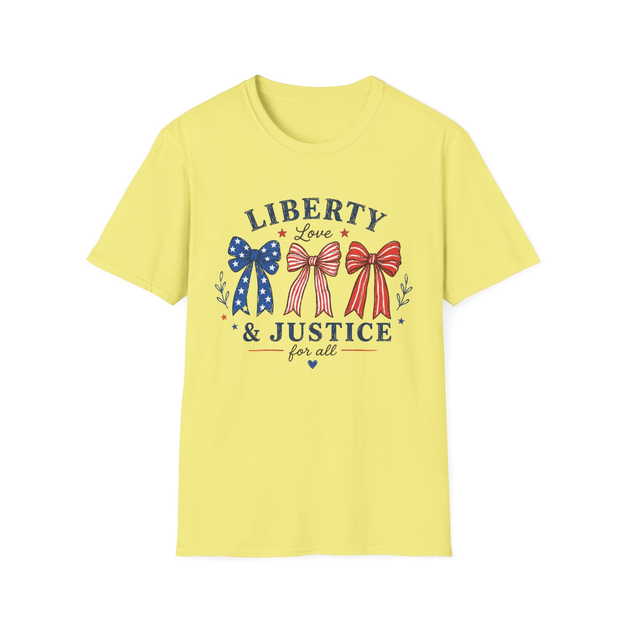 Liberty Love Justice Tee, Patriotic Bows USA Shirt, Red White Blue Graphic Top, American Pride Fourth of July Outfit T-Shirt