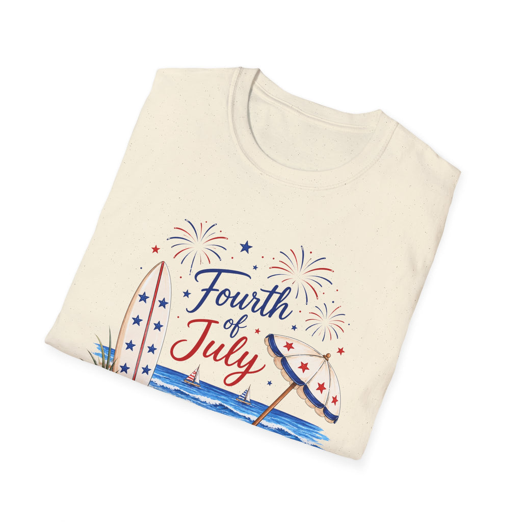 Fourth of July Beach Scene T-Shirt, Patriotic Summer Ocean Surfboard Tee, 4th of July Beach Vacation Shirt, Fireworks Umbrella Surfboard America