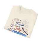 Fourth of July Beach Scene T-Shirt, Patriotic Summer Ocean Surfboard Tee, 4th of July Beach Vacation Shirt, Fireworks Umbrella Surfboard America