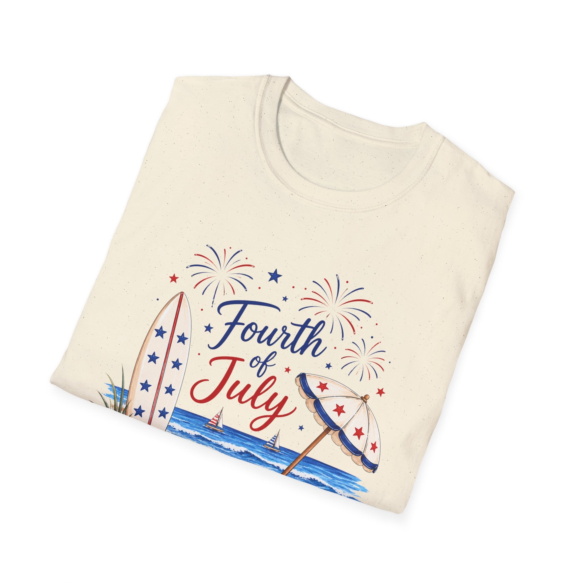 Fourth of July Beach Scene T-Shirt, Patriotic Summer Ocean Surfboard Tee, 4th of July Beach Vacation Shirt, Fireworks Umbrella Surfboard America