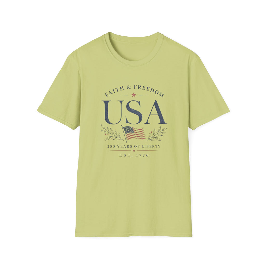 USA Faith Freedom T-Shirt | Patriotic 250 Years Liberty Graphic Tee, American Flag Heritage Top