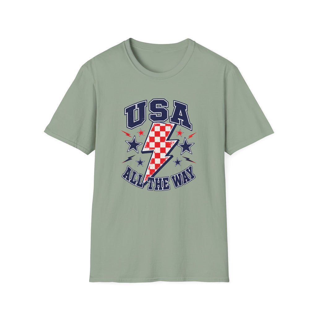 USA All The Way Patriotic T-Shirt, Retro Americana Graphic Tee, Vintage Fourth of July Shirt, Lightning Bolt Checkered Design, Summer Independence Day Apparel T-Shirt
