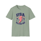 USA All The Way Patriotic T-Shirt, Retro Americana Graphic Tee, Vintage Fourth of July Shirt, Lightning Bolt Checkered Design, Summer Independence Day Apparel T-Shirt