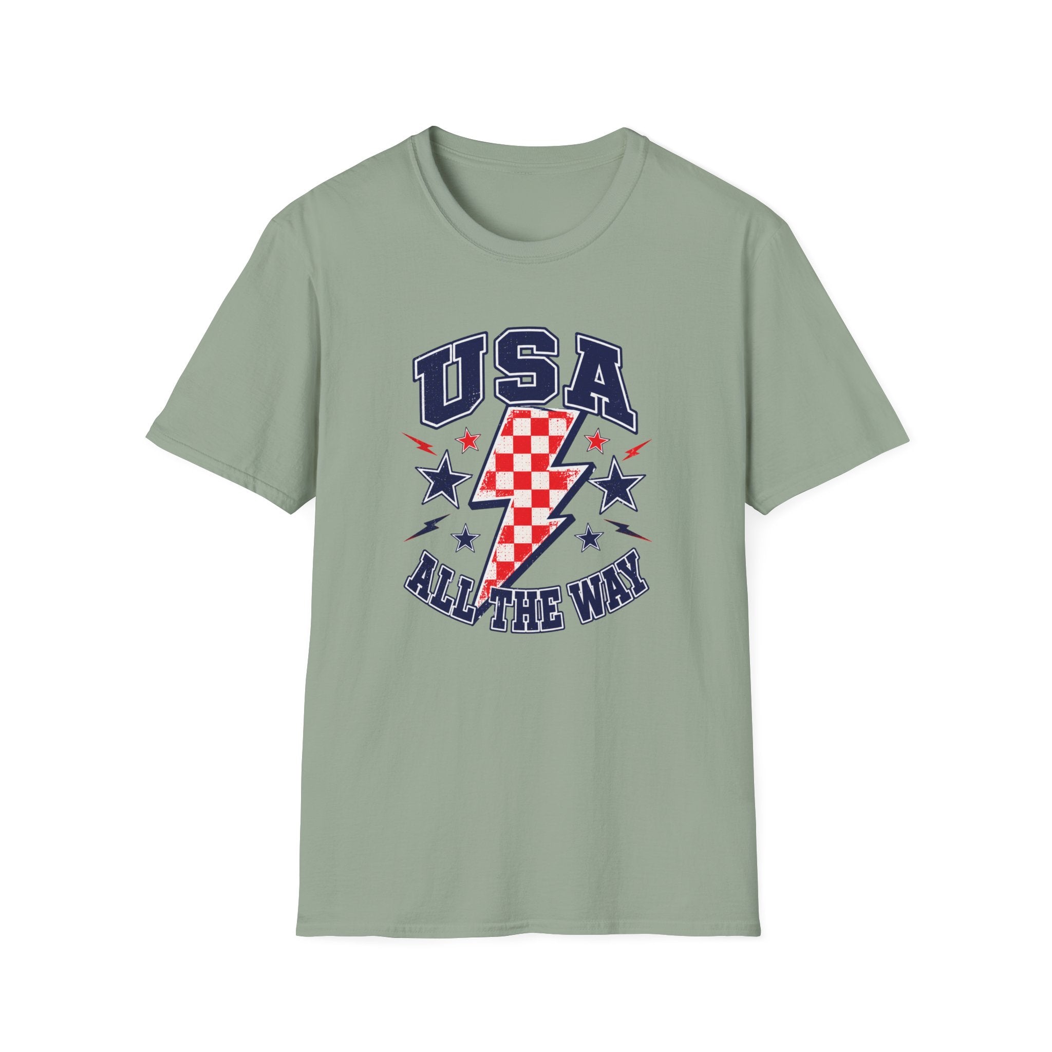 USA All The Way Patriotic T-Shirt, Retro Americana Graphic Tee, Vintage Fourth of July Shirt, Lightning Bolt Checkered Design, Summer Independence Day Apparel T-Shirt