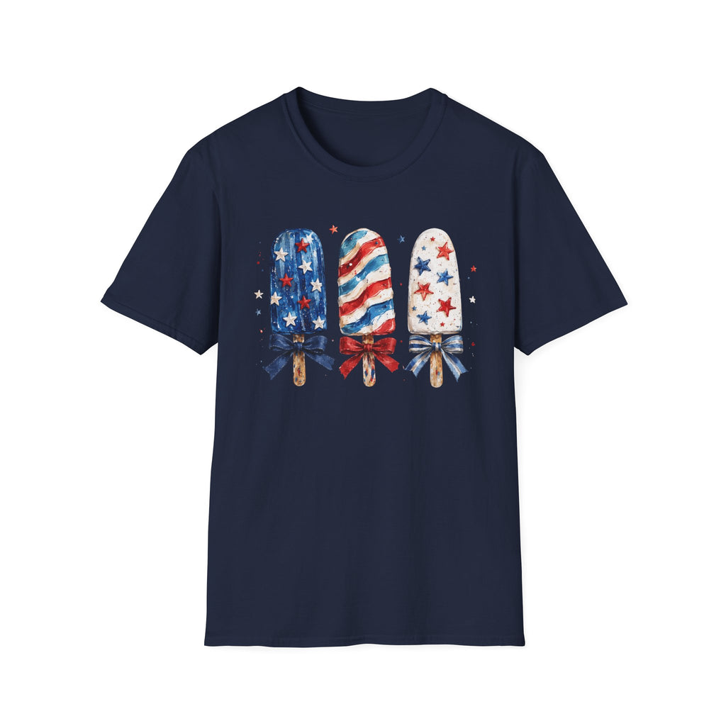 Patriotic Popsicle T-Shirt, Watercolor 4th of July Ice Cream Bow Tee, Cute Summer America Popsicle Shirt, Stars Stripes Coquette Bow Treat Gift Women