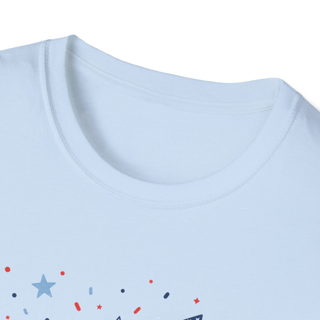 Patriotic Doodle Collage T-Shirt, Cute 4th of July Bow Heart Flag Confetti Tee, Whimsical Festive America Shirt, Coquette Patriotic Icon Scatter Gift
