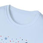 Patriotic Doodle Collage T-Shirt, Cute 4th of July Bow Heart Flag Confetti Tee, Whimsical Festive America Shirt, Coquette Patriotic Icon Scatter Gift