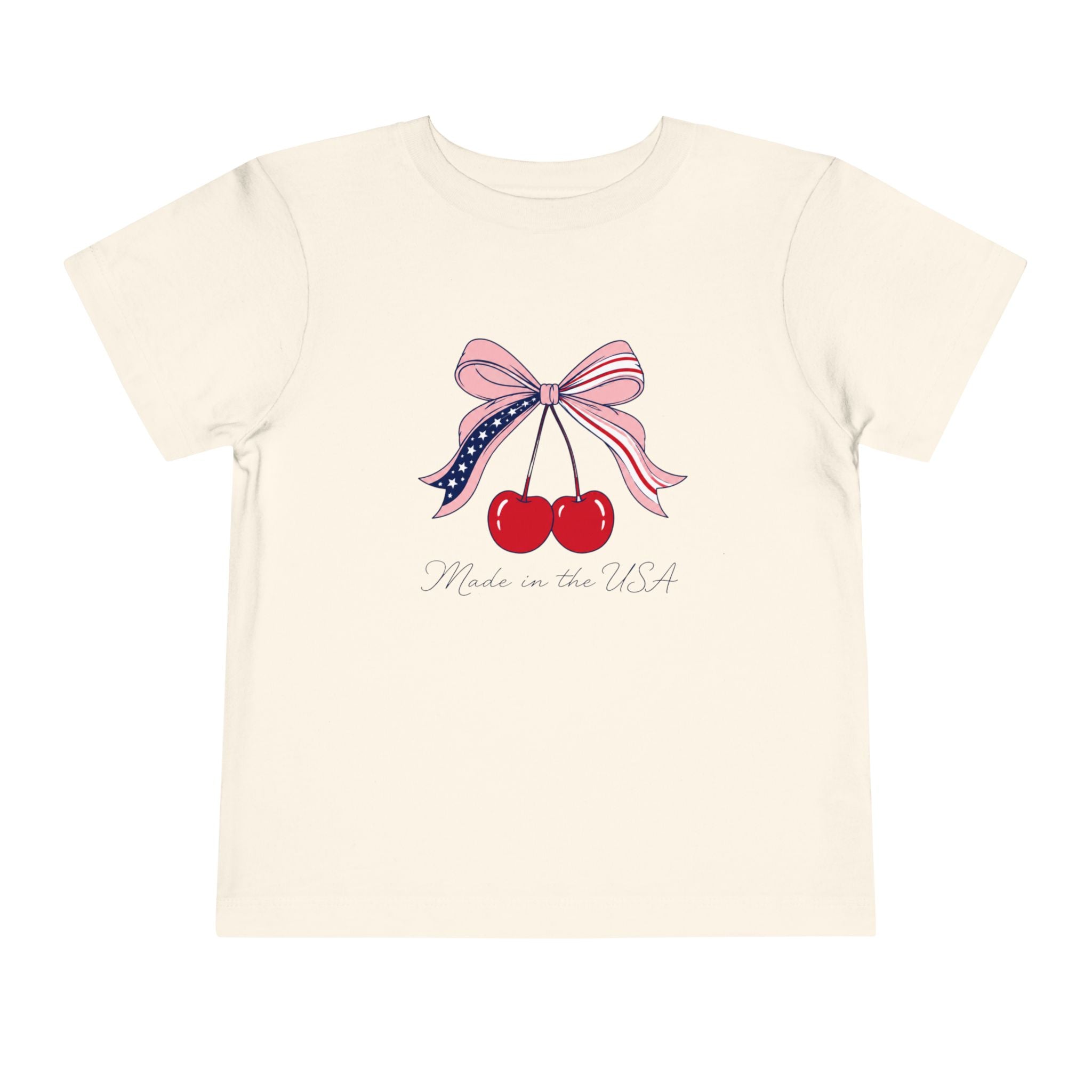 Made in the USA Cherry Tee, Patriotic Red White Blue Shirt, Cute Bow Fruit Graphic Top, Fourth of July Summer Outfit Toddler Short Sleeve Tee
