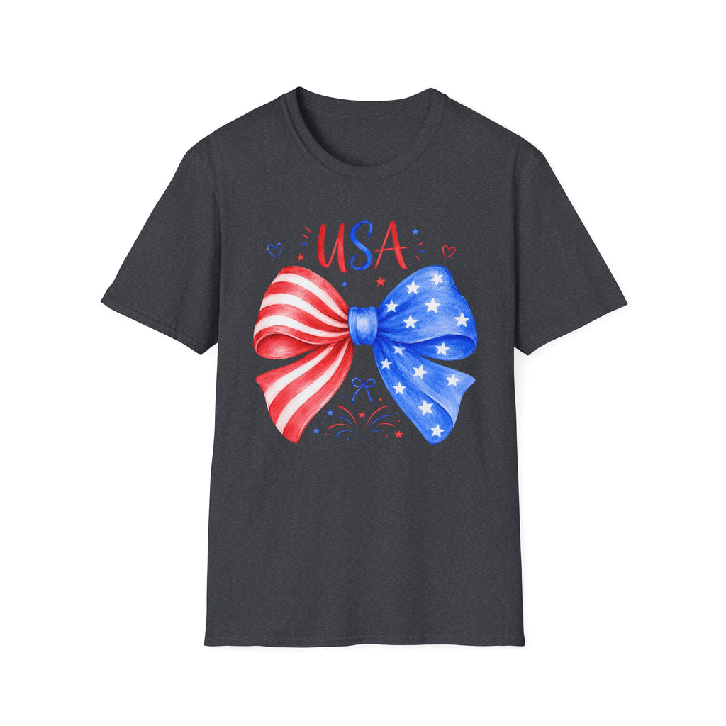 USA Patriotic Bow Tee, Red White Blue Fireworks Shirt, Cute American Pride Graphic Top, Fourth of July Celebration Outfit T-Shirt