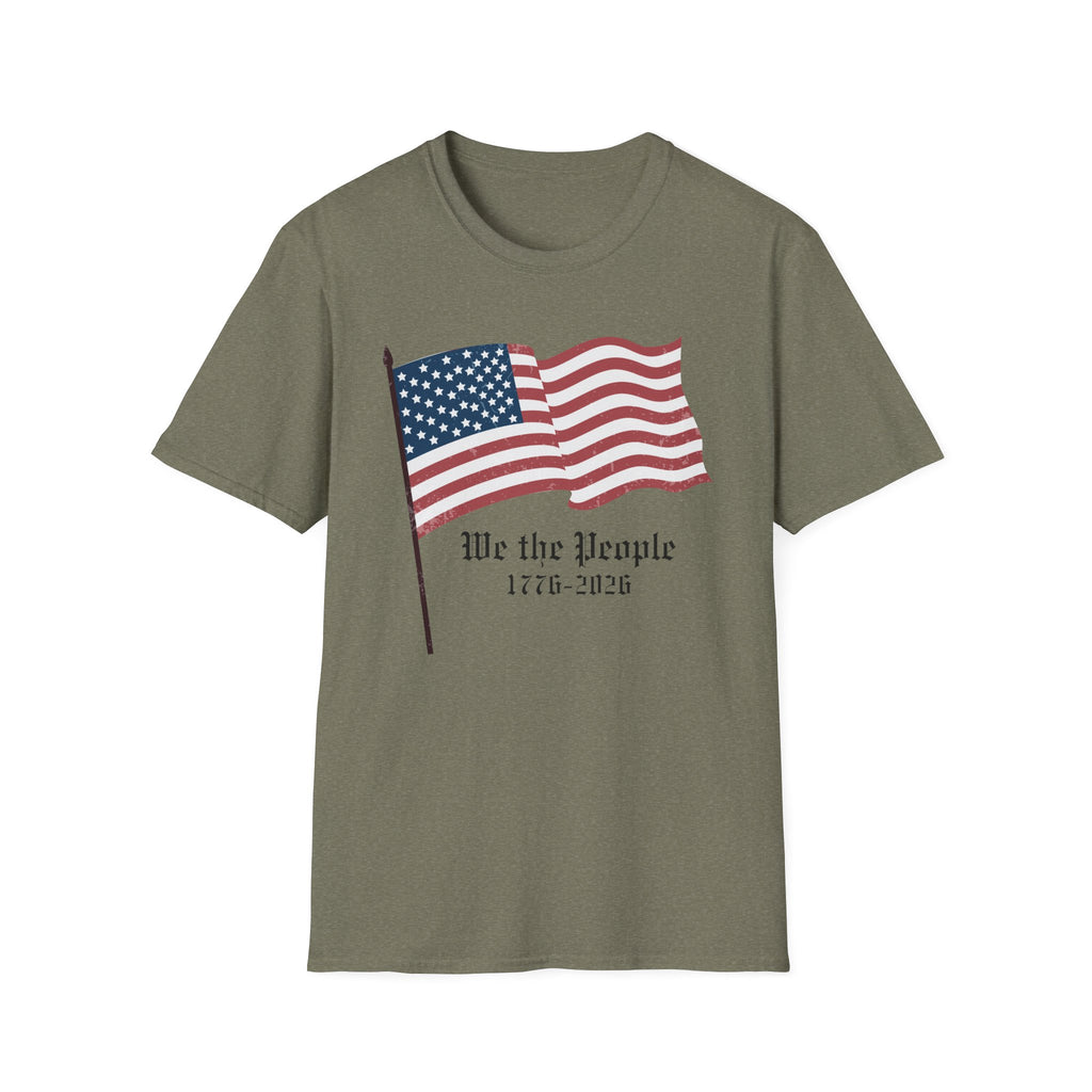 We the People 1776 2026 Waving Flag T-Shirt, Classic Patriotic Flagpole Anniversary Tee, Traditional American Flag 250th Shirt, Gothic Script Constitution