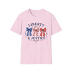 Liberty Love Justice Tee, Patriotic Bows USA Shirt, Red White Blue Graphic Top, American Pride Fourth of July Outfit T-Shirt