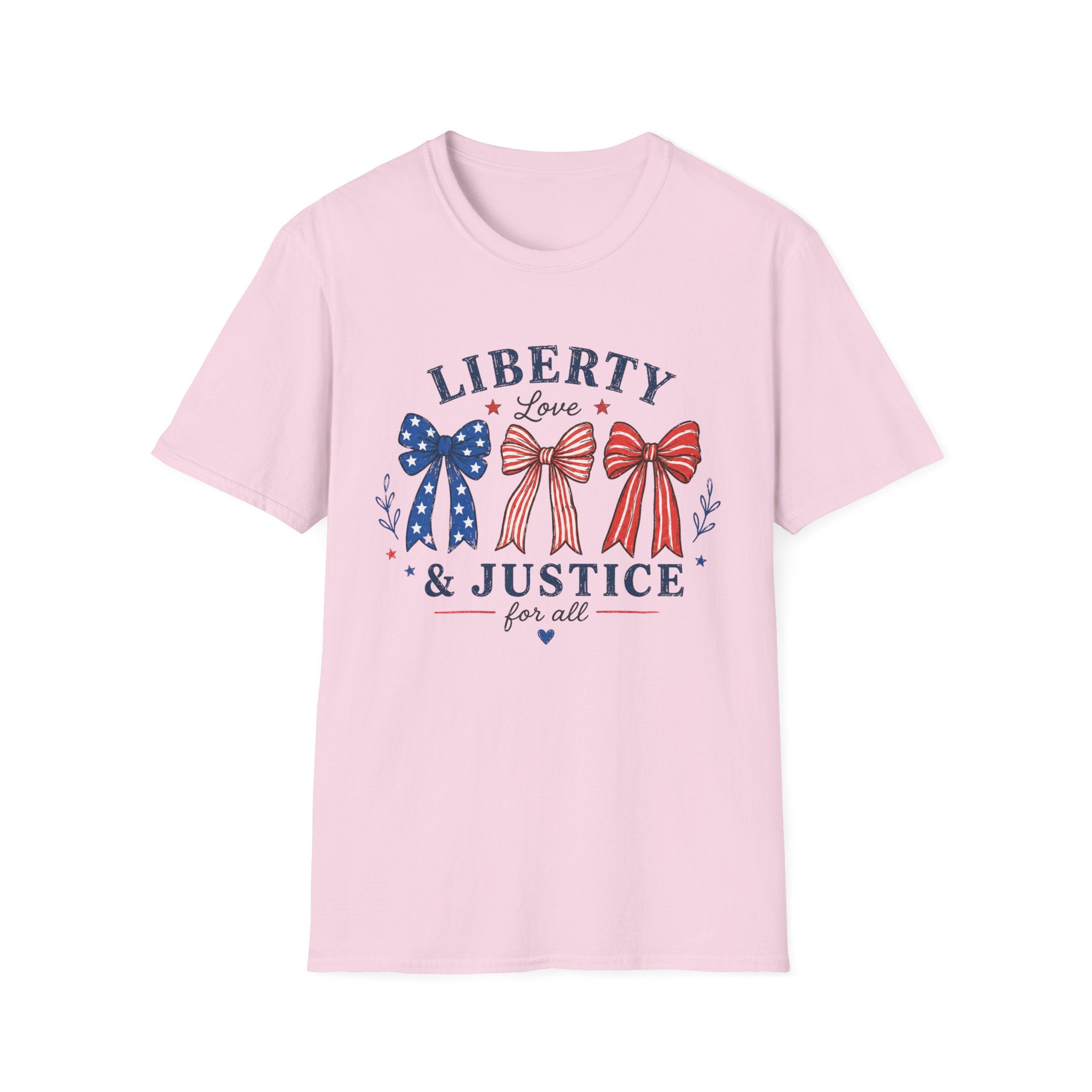 Liberty Love Justice Tee, Patriotic Bows USA Shirt, Red White Blue Graphic Top, American Pride Fourth of July Outfit T-Shirt