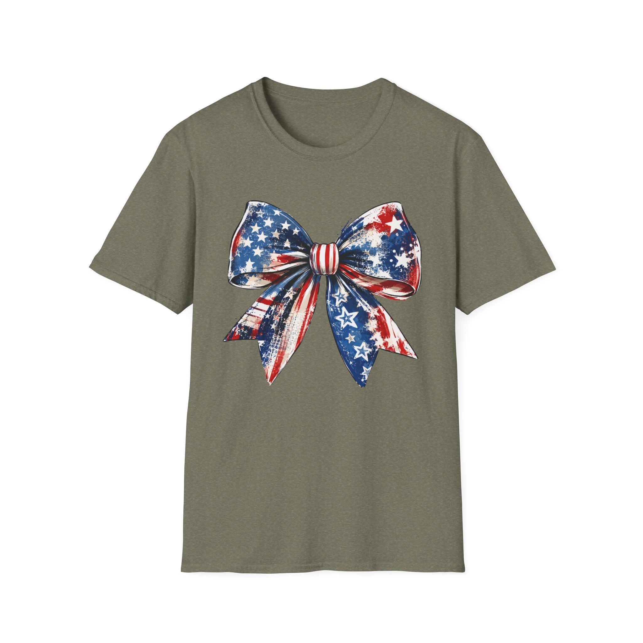 Distressed Watercolor Patriotic Bow T-Shirt, Vintage Grunge American Flag Bow Tee, Worn Texture Coquette 4th of July Shirt, Brushstroke Stars Stripes Bow Gift