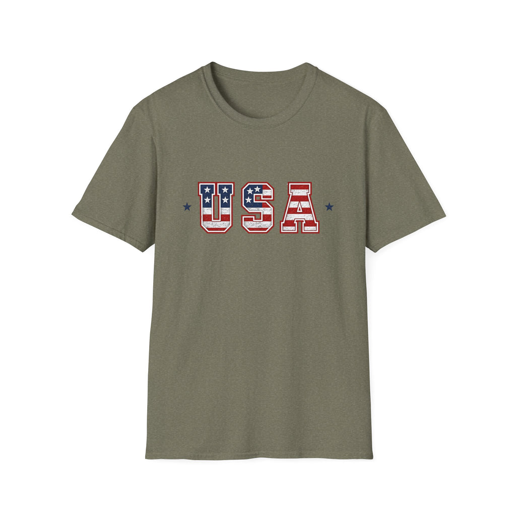 USA Varsity Lettering T-Shirt | Patriotic American Flag Block Graphic Tee, Fourth Of July Stars Stripes Top