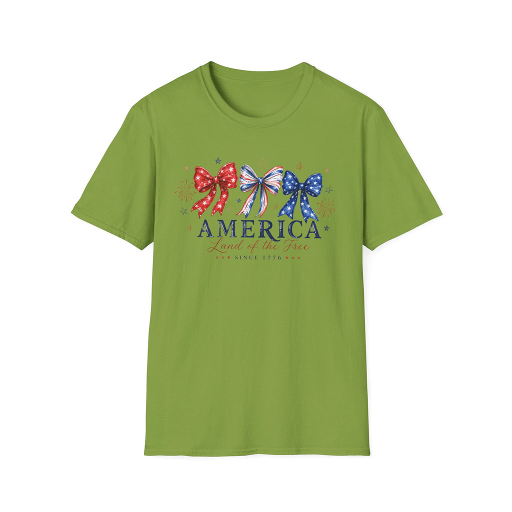 America Land of the Free Graphic Tee - Patriotic 4th of July Coquette Bow T-Shirt