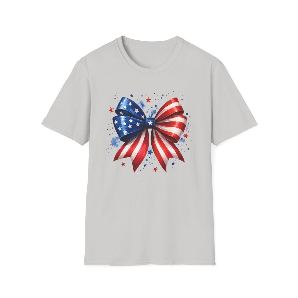 Watercolor American Flag Bow 4th of July Graphic Tee Stars Stripes - Patriotic Coquette T-Shirt