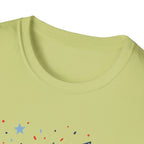 Patriotic Doodle Collage T-Shirt, Cute 4th of July Bow Heart Flag Confetti Tee, Whimsical Festive America Shirt, Coquette Patriotic Icon Scatter Gift