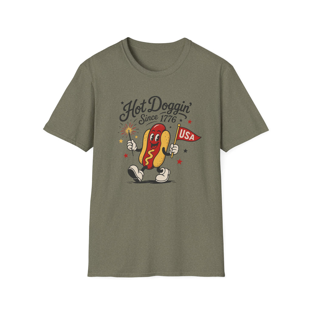 Hot Doggin Since 1776 Tee, Patriotic USA Hot Dog Shirt, Fun Red White Blue Graphic Top, Fourth of July Celebration Outfit Unisex Softstyle T-Shirt