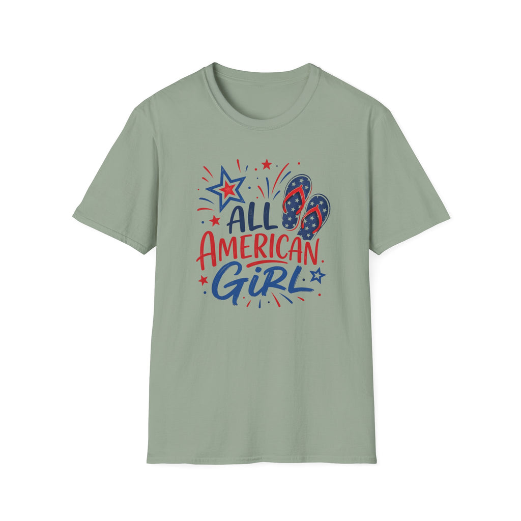 Patriotic All American Girl Graphic Tee - 4th of July Flip Flops Summer T-Shirt