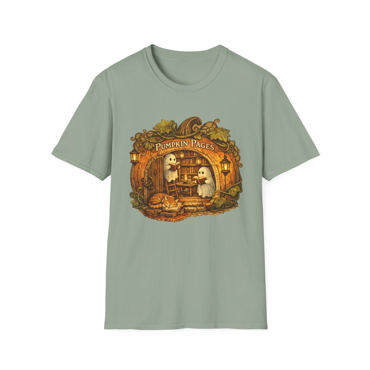 Pumpkin Pages Halloween T‑Shirt — Cute Ghosts Reading in Pumpkin Library
