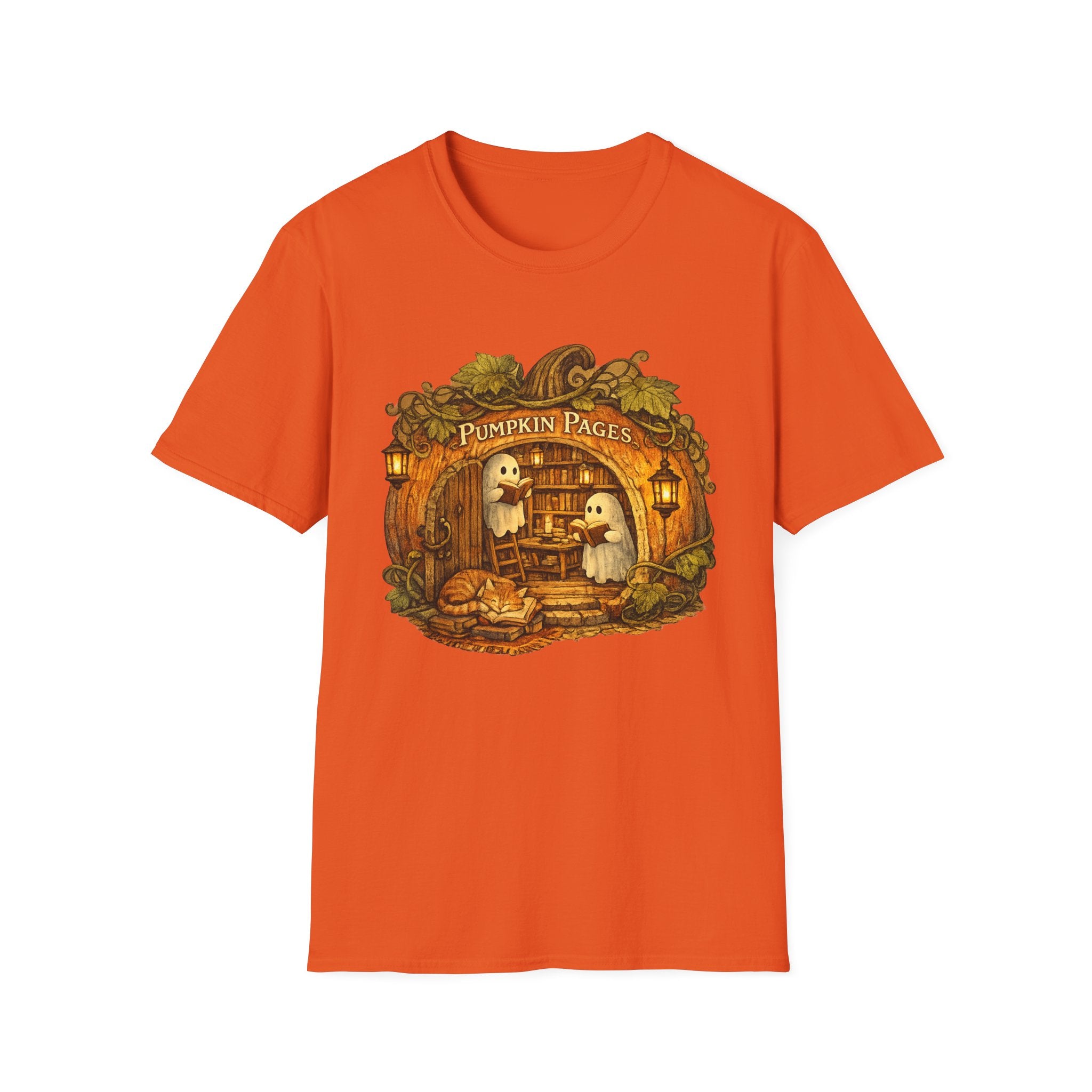 Pumpkin Pages Halloween T‑Shirt — Cute Ghosts Reading in Pumpkin Library