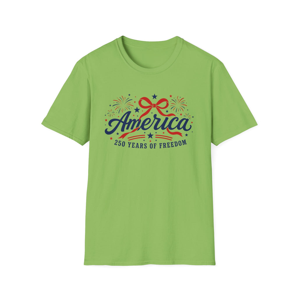 America 250 Years Of Freedom T-Shirt | Semiquincentennial Patriotic Fireworks Tee, Coquette Ribbon Bow Holiday Clothing