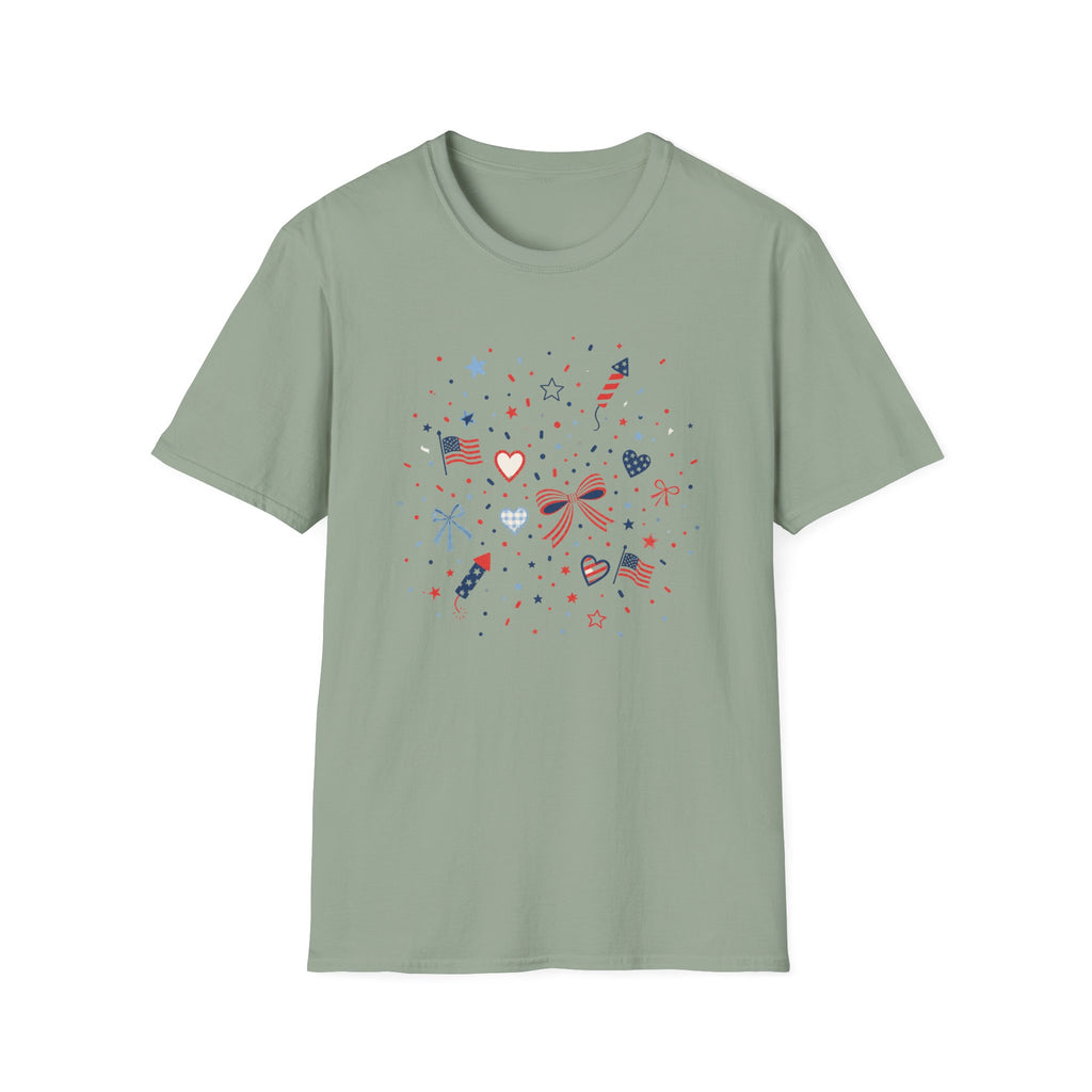 Patriotic Doodle Collage T-Shirt, Cute 4th of July Bow Heart Flag Confetti Tee, Whimsical Festive America Shirt, Coquette Patriotic Icon Scatter Gift