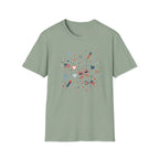 Patriotic Doodle Collage T-Shirt, Cute 4th of July Bow Heart Flag Confetti Tee, Whimsical Festive America Shirt, Coquette Patriotic Icon Scatter Gift