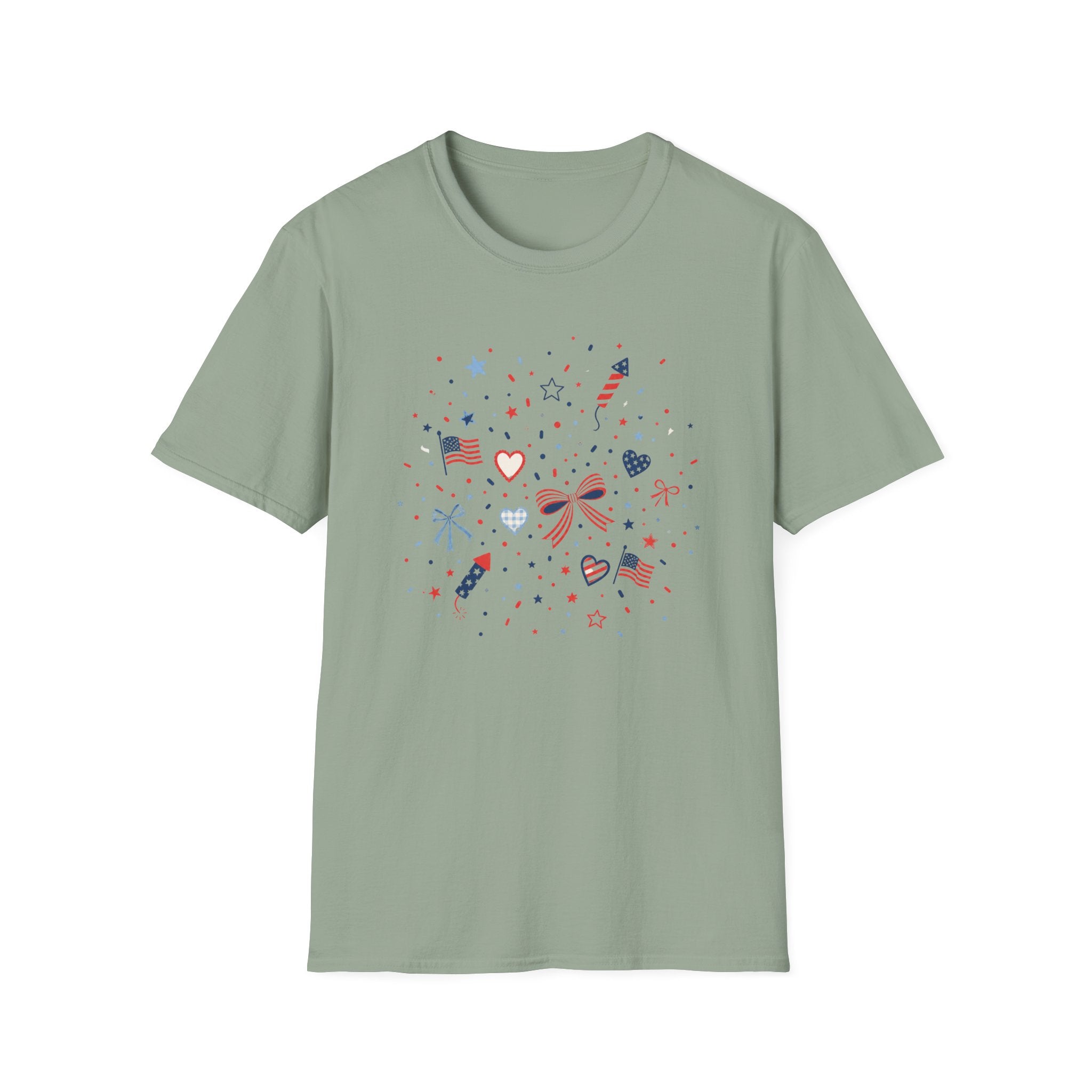 Patriotic Doodle Collage T-Shirt, Cute 4th of July Bow Heart Flag Confetti Tee, Whimsical Festive America Shirt, Coquette Patriotic Icon Scatter Gift