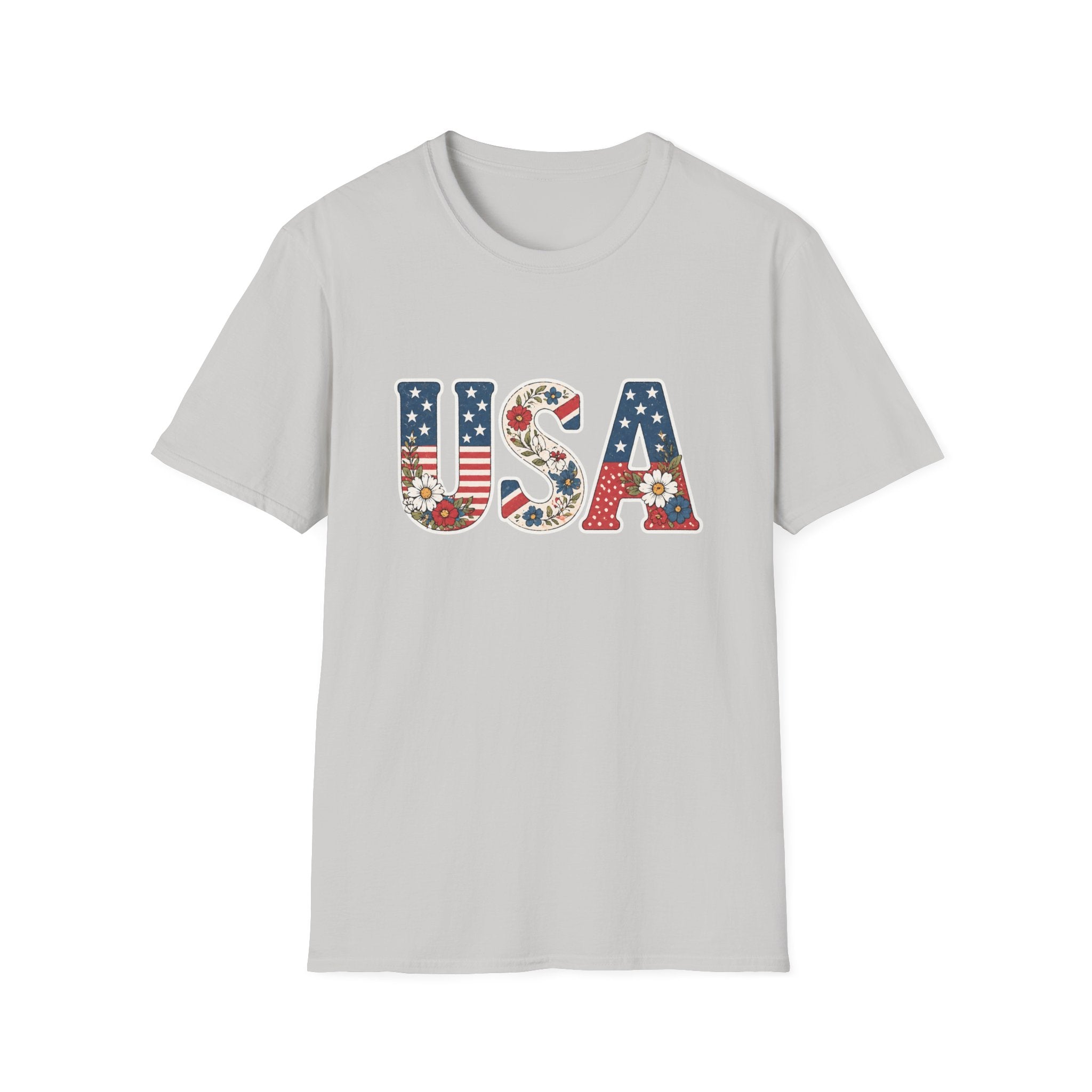 Floral USA T-Shirt, Cottagecore Patriotic Flower Letter Tee, 4th of July Wildflower America Shirt, Stars Stripes Daisy Poppy Gift, Vintage Botanical