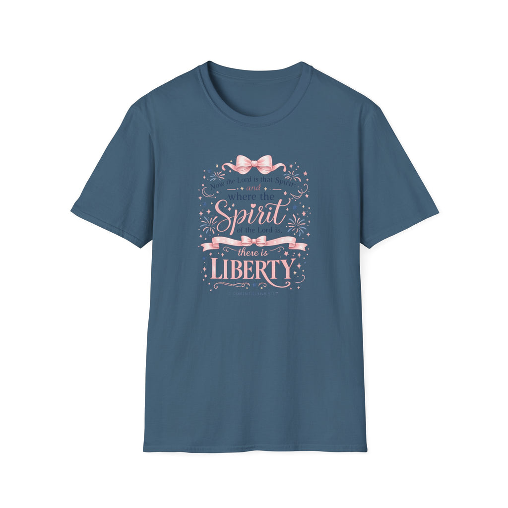 Where The Spirit Of The Lord Is Liberty T-Shirt | Christian Bible Verse Graphic Tee, Pink Coquette Ribbon Bow Top