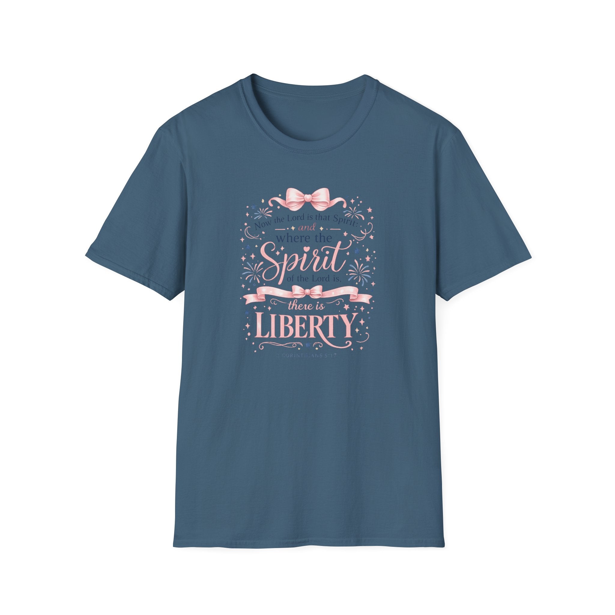 Where The Spirit Of The Lord Is Liberty T-Shirt | Christian Bible Verse Graphic Tee, Pink Coquette Ribbon Bow Top