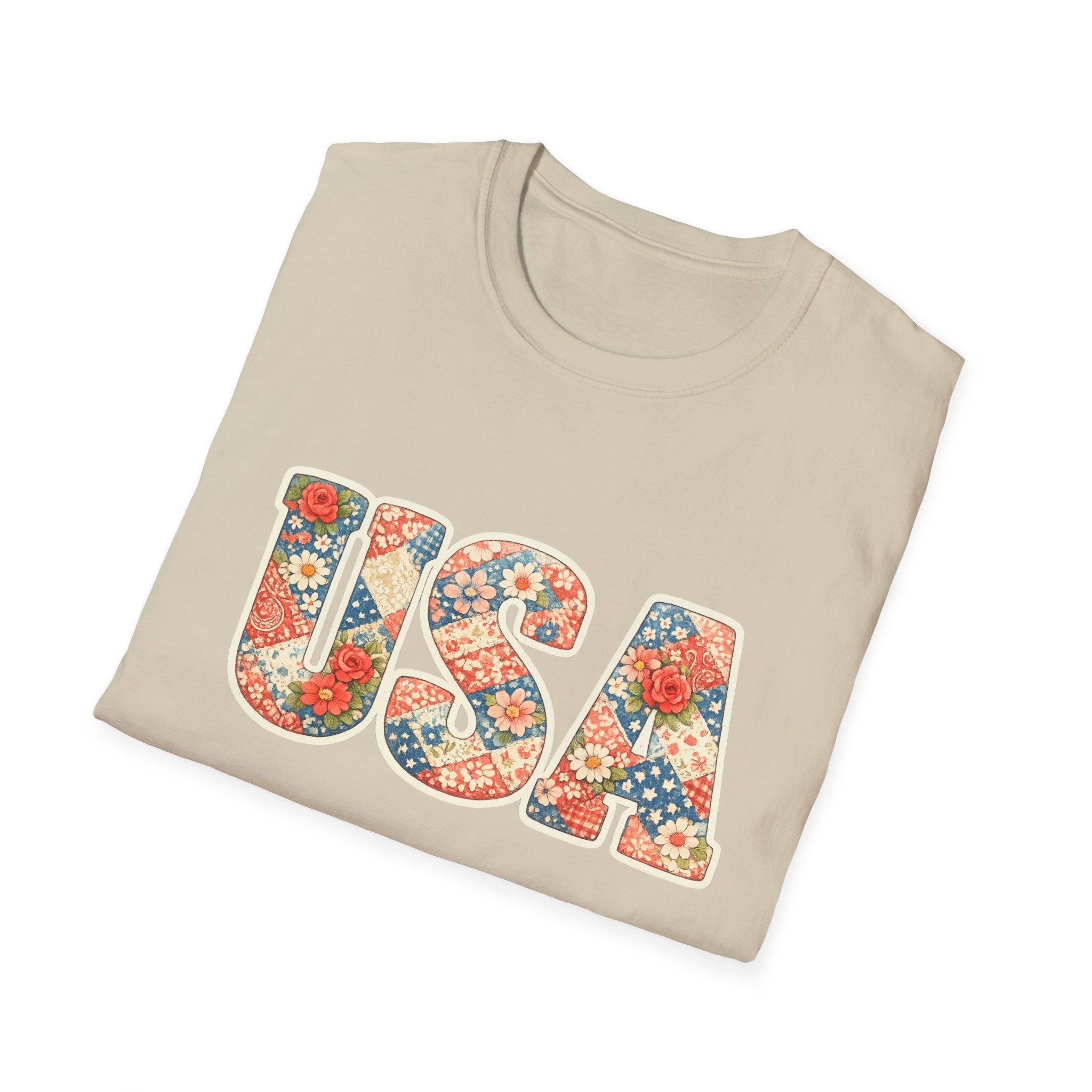 Quilted Patchwork USA T-Shirt, Vintage Floral Rose Daisy America Tee, Cottagecore Patriotic Letter Shirt, 4th of July Grandma Quilt Style