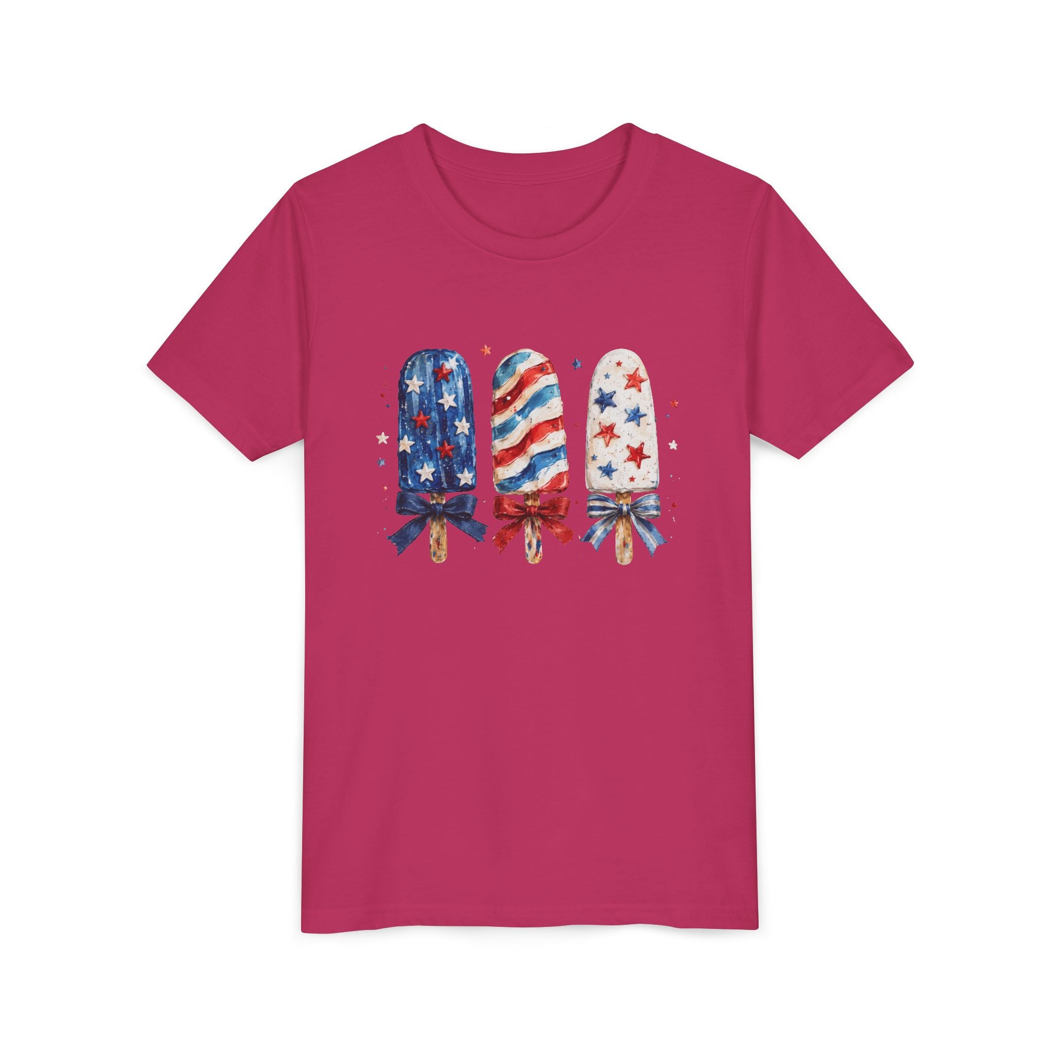 Patriotic Popsicle Trio Tee, Red White Blue Bow Shirt, Cute USA Summer Graphic Top, Fourth of July Celebration Outfit Youth Short Sleeve Tee