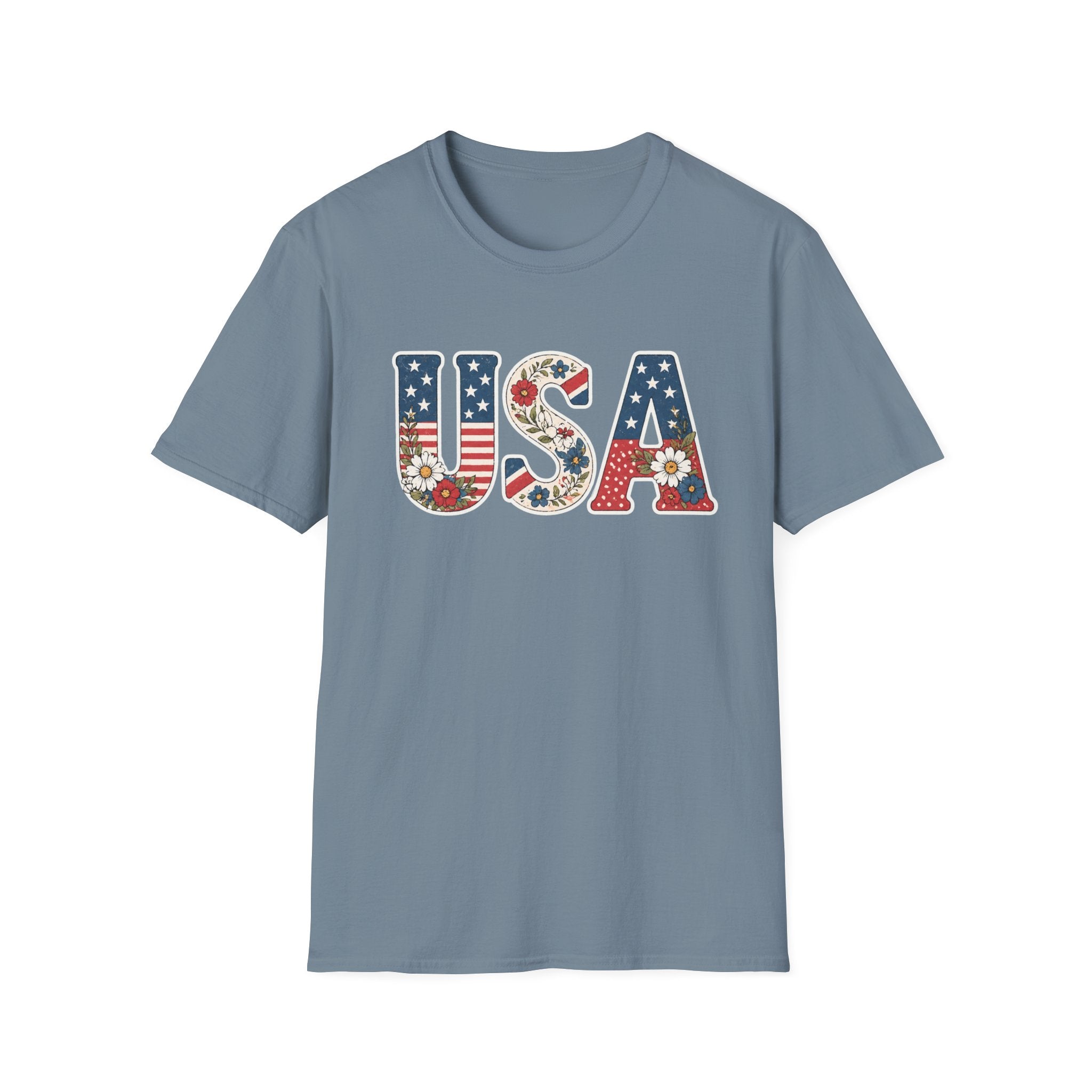 USA Patriotic Floral T-Shirt | American Flag Block Lettering Graphic Tee, Fourth Of July Vintage Cottagecore Top